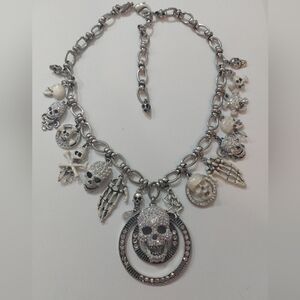 Kirk's Folly Crystal Skull Skelton Charm Necklace Silver Tone Rare Variant NEW